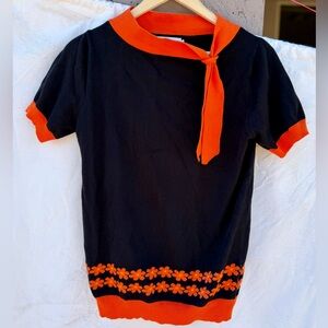 Oxknit Retro/Vintage Orange & Black Knit with Orange Tie & Floral Design- SZ M